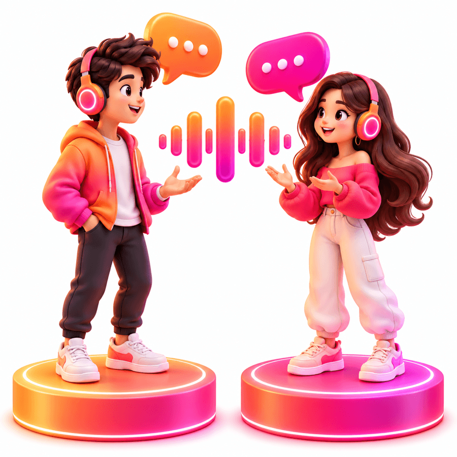 Two friends in headphones chatting on a voice call